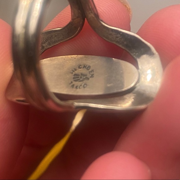 Aqua inlay size 7 fire opal hammered silver ring Taxco NWOT - Picture 6 of 7